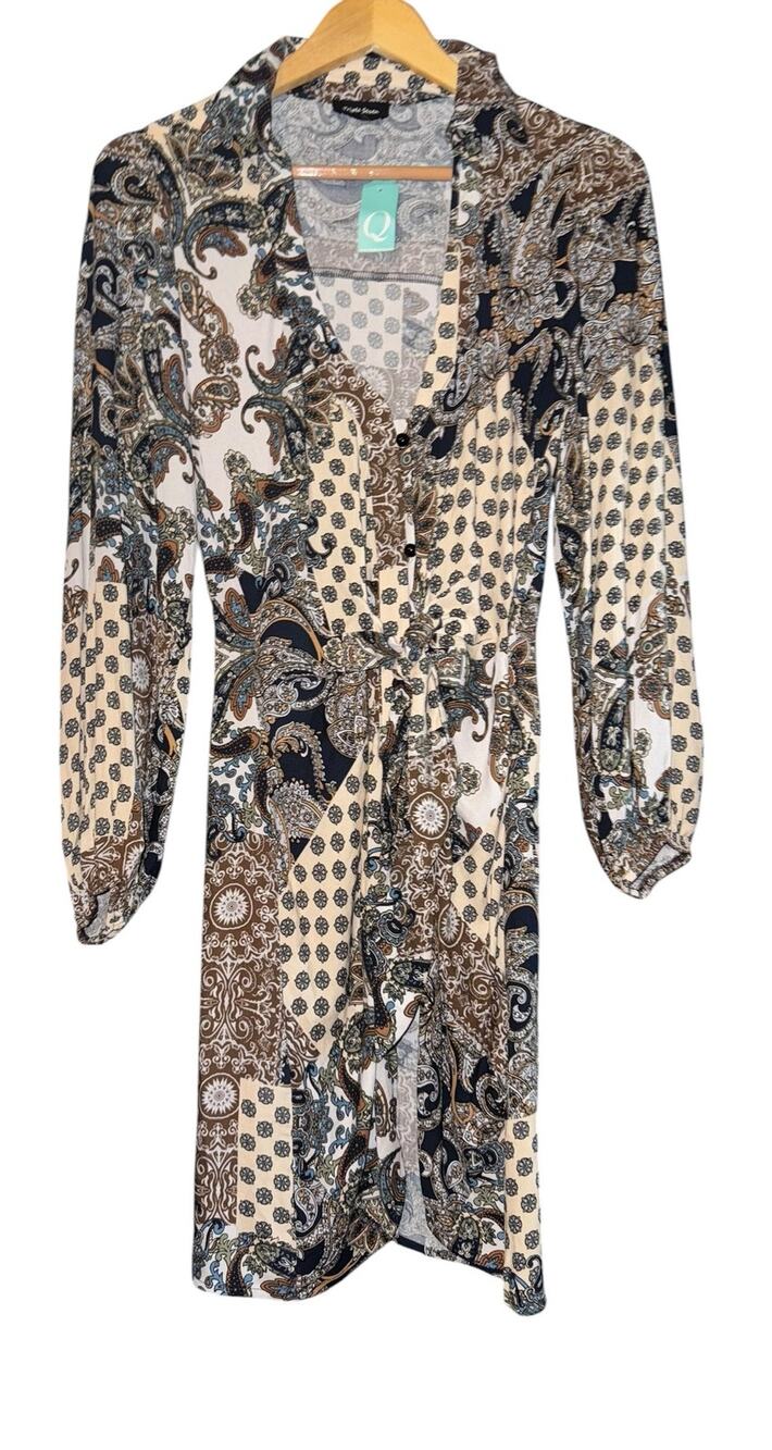 New Triple Seven Patchwork Paisley Dress Women's Small Button Up Tie Waist Fall